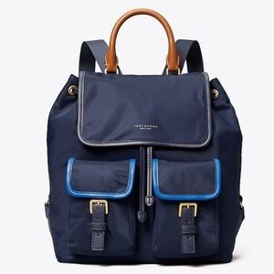 Tory Burch Perry Flap Nylon Backpack Navy Tan